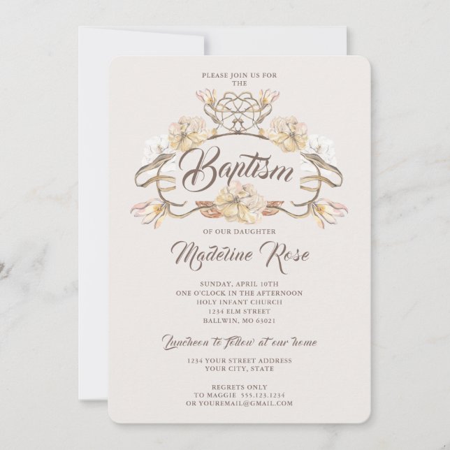 Watercolor Natural Dried Flowers Baptism Invitation (Front)