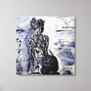 Watercolor Nature Lady Black White Canvas Print