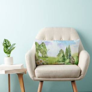 Watercolor Nature Landscape and Daisy Flowers Lumbar Cushion
