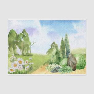 Watercolor Nature Landscape and Daisy Flowers Tissue Paper