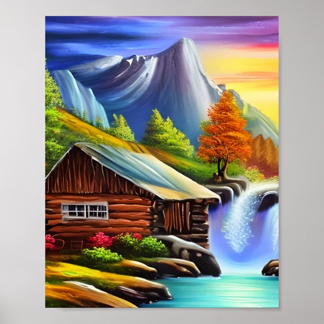 Watercolor Nature Mountain Waterfall Painting Poster (Front)