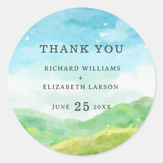 Watercolor Nature Mountain Wedding Classic Round Sticker (Front)