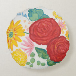 Watercolor Nature Red Rose Yellow Daisy Floral Round Cushion