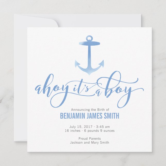 Watercolor Nautical Anchor Baby Boy Announcement (Front)