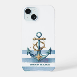 Watercolor Nautical Anchor Light Blue Stripes iPhone 15 Case