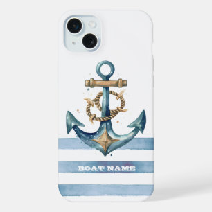 Watercolor Nautical Anchor Light Blue Stripes iPhone 15 Plus Case