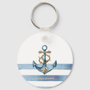 Watercolor Nautical Anchor Light Blue Stripes Key Ring