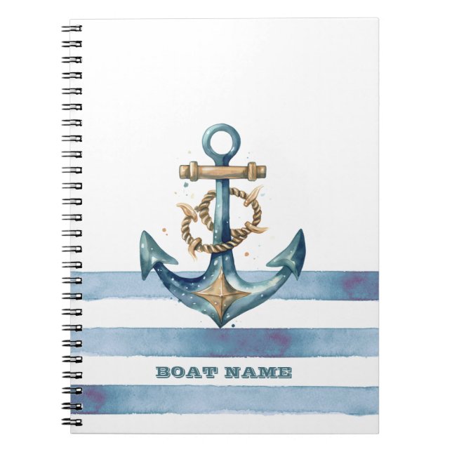 Watercolor Nautical Anchor Light Blue Stripes Notebook (Front)