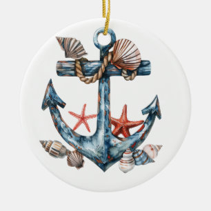 WATERCOLOR NAUTICAL ANCHOR WITH SEASHELLS CERAMIC ORNAMENT