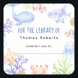Watercolor nautical - baby shower bookplate square sticker<br><div class="desc">Under The Sea - Underwater ocean animal themed Baby Shower invitation with watercolor sea animals - whale,  jellyfish,  octopus,  clownfish,  starfish,  crab,  shark and corals. Water bubbles and shells.</div>