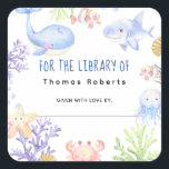 Watercolor nautical - baby shower bookplate square sticker<br><div class="desc">Under The Sea - Underwater ocean animal themed Baby Shower invitation with watercolor sea animals - whale,  jellyfish,  octopus,  clownfish,  starfish,  crab,  shark and corals. Water bubbles and shells.</div>
