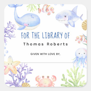 Watercolor nautical - baby shower bookplate square sticker