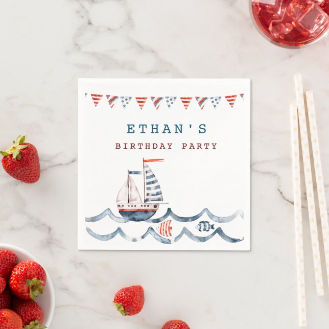 Watercolor nautical birthday party monogram napkin (Insitu)