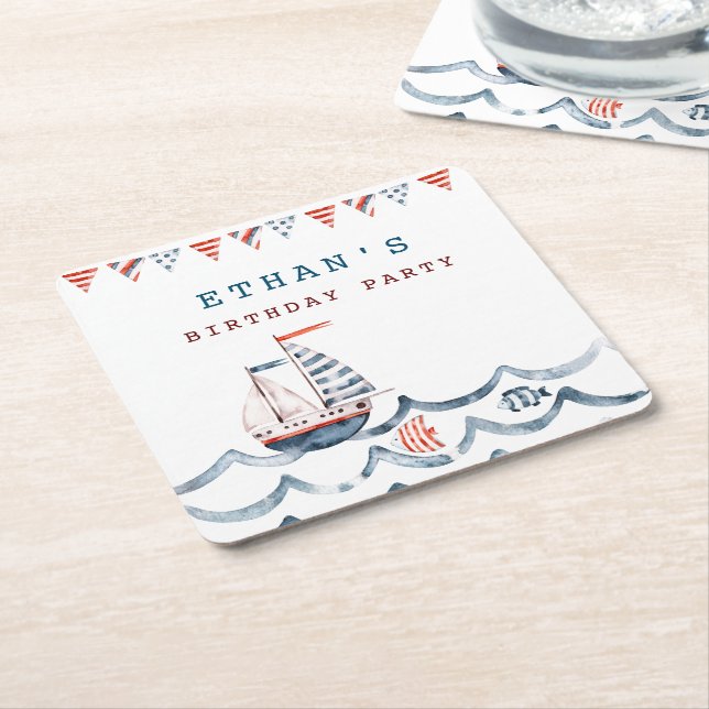Watercolor nautical birthday party monogram square paper coaster (Angled)
