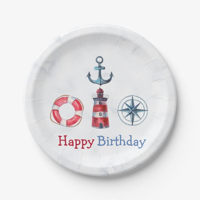 Watercolor Nautical Boy Birthday Party  Paper Plate (Front)