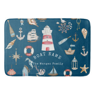 Watercolor Nautical Elements Blue Bath Mat