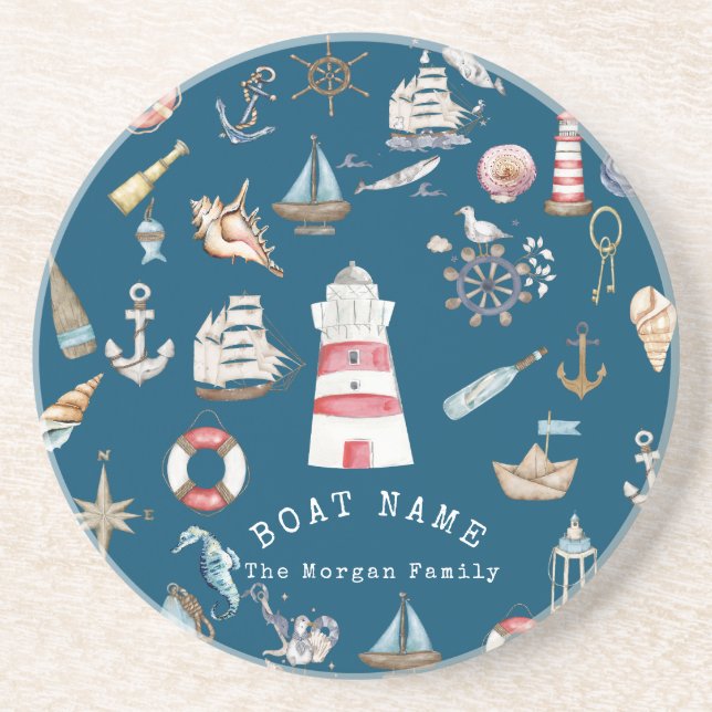 Watercolor Nautical Elements Blue Coaster (Front)