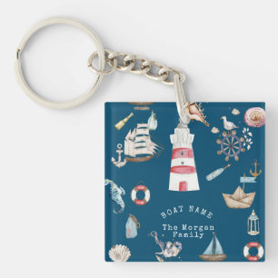 Watercolor Nautical Elements Blue Key Ring