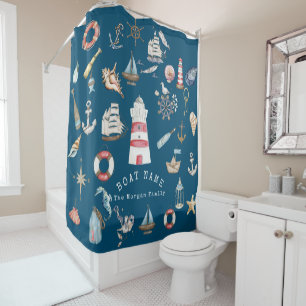 Watercolor Nautical Elements Blue Shower Curtain