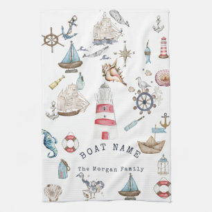 Watercolor Nautical Elements Sailor Tea Towel