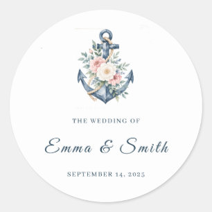 Watercolor Nautical Floral Anchor Wedding Classic Round Sticker