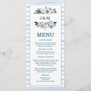 Watercolor Nautical Floral Beach Blue Stripes Menu