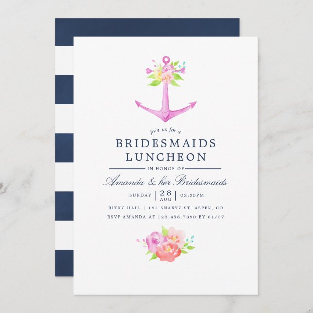 Watercolor Nautical Floral Bridesmaids Luncheon Invitation (Front/Back)