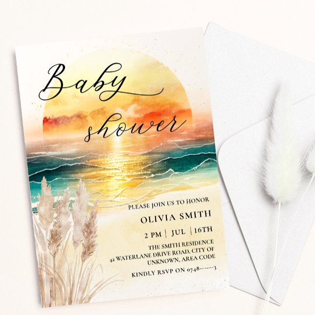 Watercolor Nautical Ocean Sunset Beach Baby Shower Invitation (Creator Uploaded)