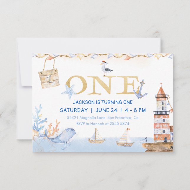 Watercolor Nautical One Birthday Invitation (Front)