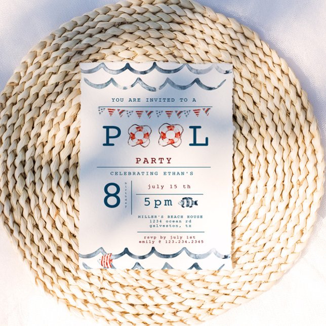 Watercolor Nautical Pool Party Invitation (Creator Uploaded)