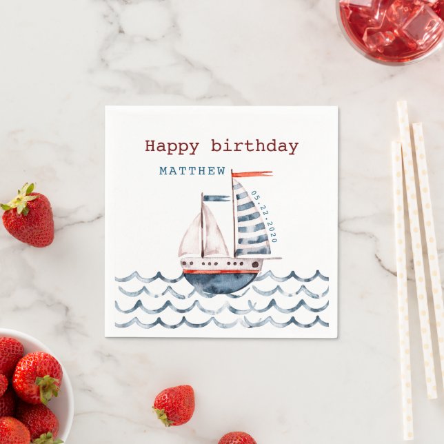 Watercolor Nautical Red And Blue Happy Birthday Napkin (Insitu)