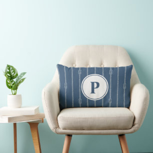 Watercolor Nautical Rope Knot Stripes Monogram Lumbar Cushion