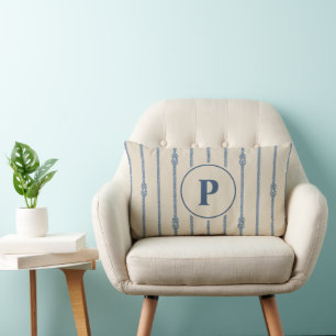 Watercolor Nautical Rope knot Stripes Monogram Lumbar Cushion