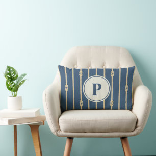 Watercolor Nautical Rope knot Stripes Monogram Lumbar Cushion