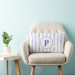 Watercolor Nautical Rope knot Stripes Monogram Lumbar Cushion
