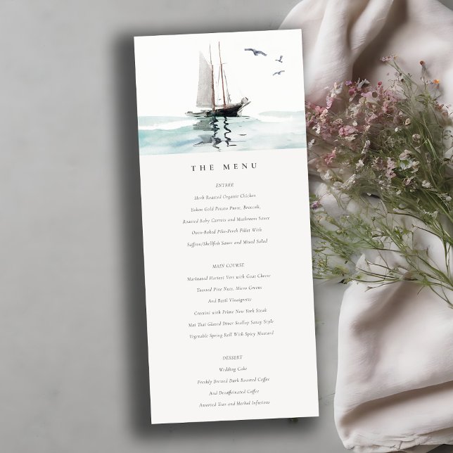Watercolor Nautical Sail Yacht Wedding Menu Card (Creator Uploaded)