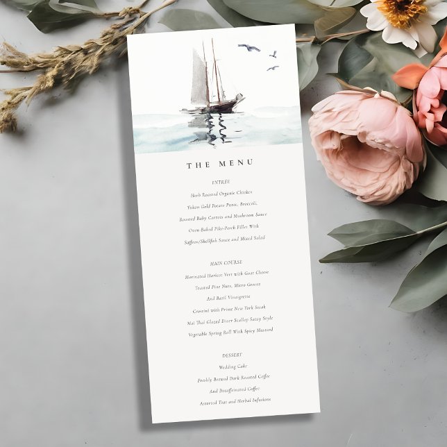 Watercolor Nautical Sail Yacht Wedding Menu Card (Creator Uploaded)