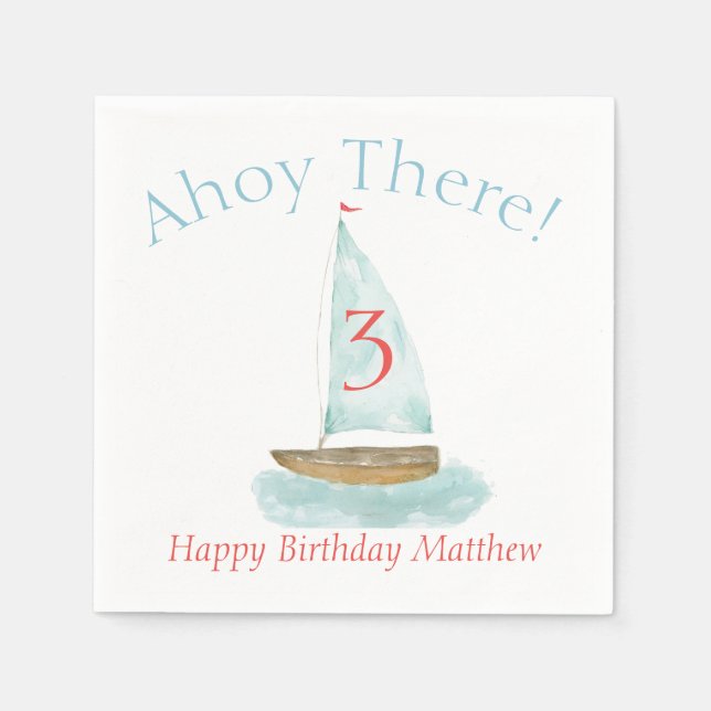 Watercolor Nautical Sailboat Birthday  Napkin (Front)