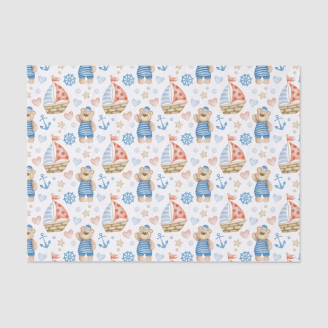 Watercolor Nautical Sailboat Sailor Bear Tissue Paper (Front)