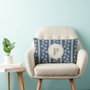 Watercolor Nautical Sailing Boat Stripe Monogram Lumbar Cushion