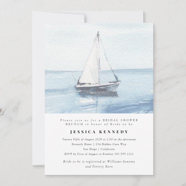 Watercolor Nautical Sailing Bridal Shower Brunch Invitation (Front)
