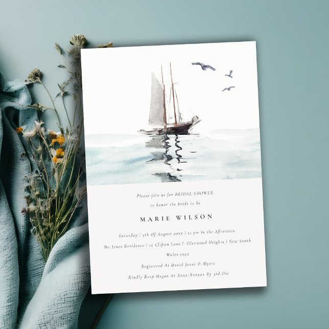 Watercolor Nautical Sailing Yacht Bridal Shower Invitation (Creator Uploaded)