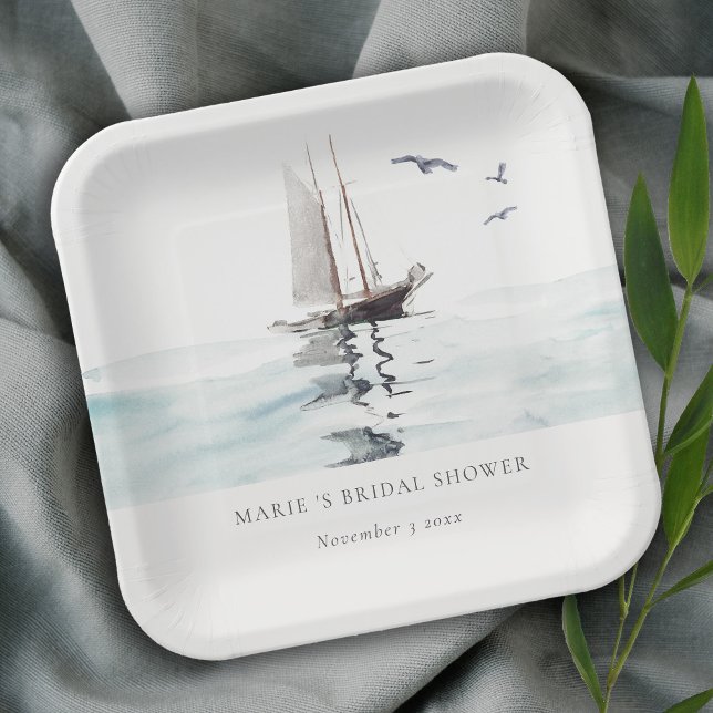 Watercolor Nautical Sailing Yacht Bridal Shower Paper Plate (Creator Uploaded)