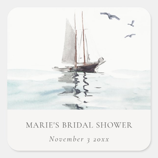 Watercolor Nautical Sailing Yacht Bridal Shower Square Sticker (Front)