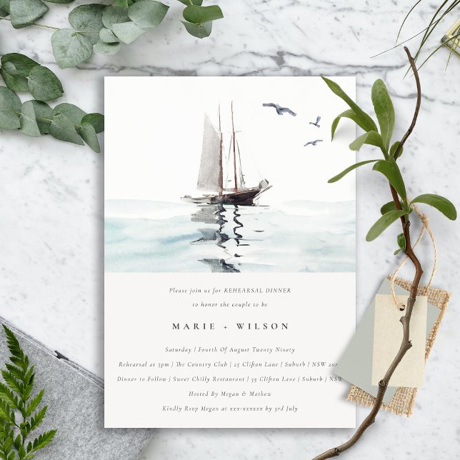 Watercolor Nautical Sailing Yacht Rehearsal Dinner Invitation (Creator Uploaded)