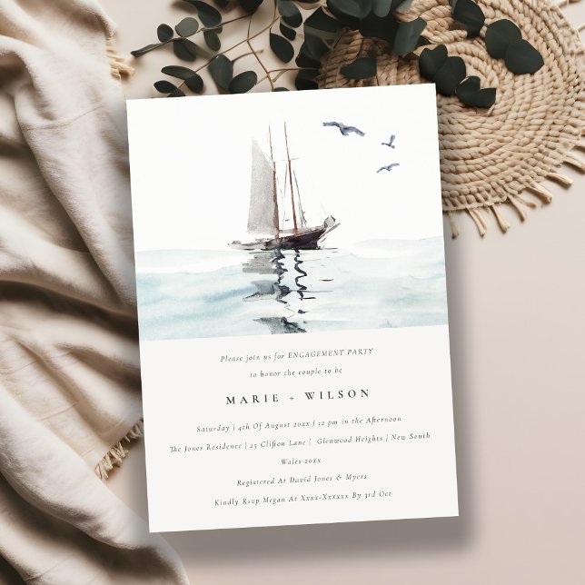 Watercolor Nautical Sailing Yacht Sea Engagement Invitation (Creator Uploaded)