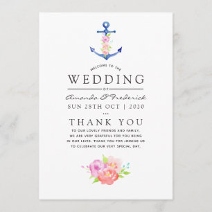Watercolor Nautical Themed Floral Anchor Wedding Program