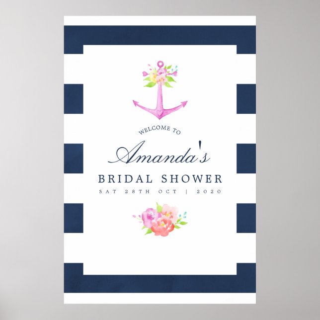 Watercolor Nautical Themed Floral Bridal Shower Poster (Front)