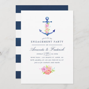 Watercolor Nautical Themed Floral Engagement Party Invitation