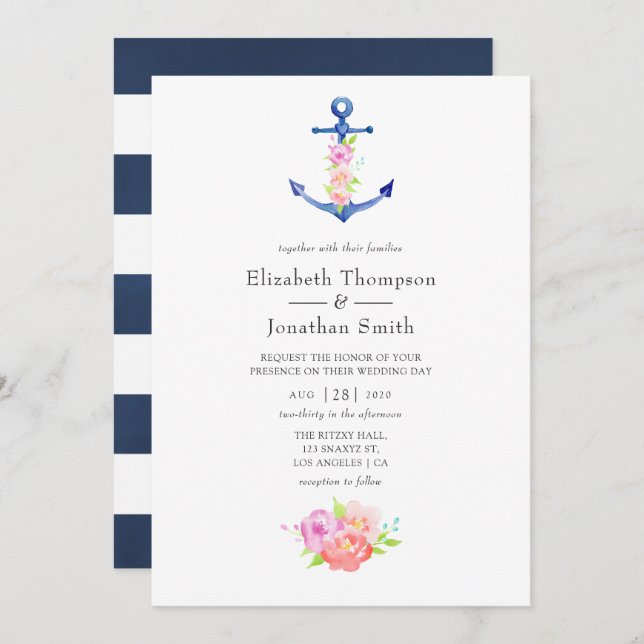 Watercolor Nautical Themed Floral Wedding Invitation (Front/Back)